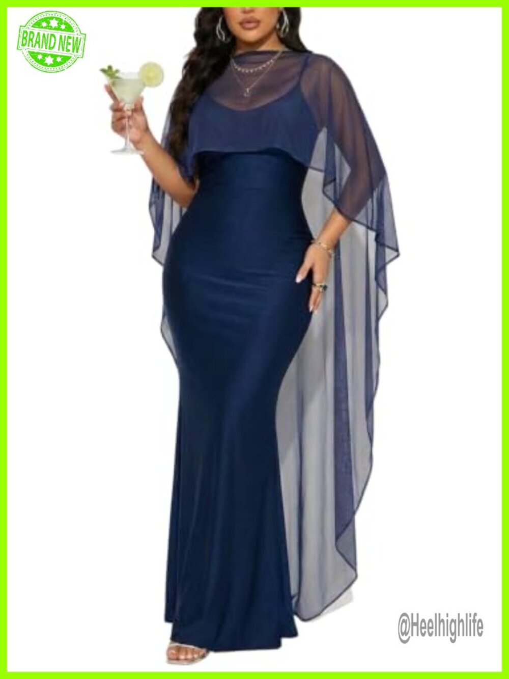 CALEBGAR Satin Bodycon Maxi Cape Dress Formal Wedding Guest Slim Fit